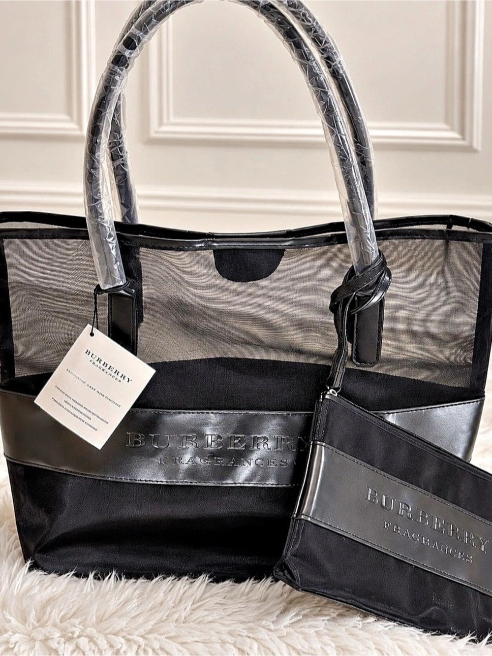 Burberry Fragrances Mesh Tote Bag and Pouch Set Black NWD
